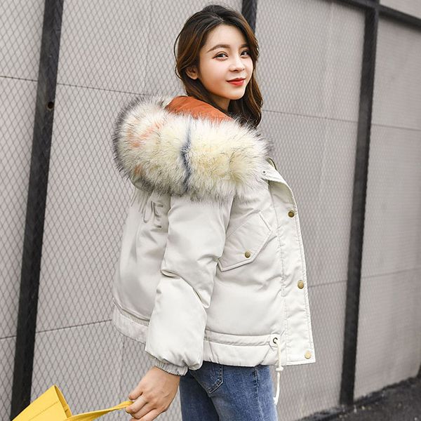 

parka mujer invierno 2019 женские короткие зимние куртки с капюшоном с меховым воротником толстое теплое хлопковое ватное пальто снег верхня, Tan;black