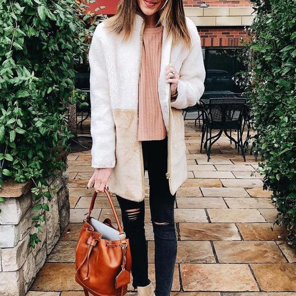 

elegant faux wool women coat autumn winter soft zipper jacket long sleeve windproof thick fashion stand collar casual outerwear, Black;brown