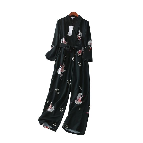 

a generation of elegant versatile belt waist hugging loose comfortable v-neck printed onesie entity, Black;red