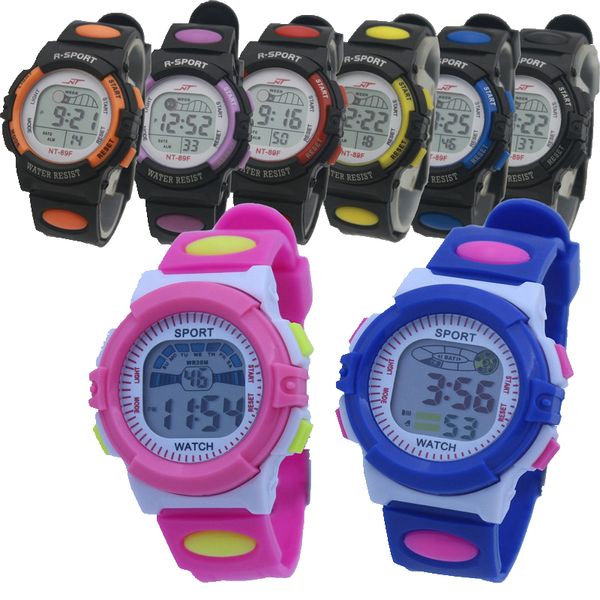 

small dial 35mm kids children boys girls sport led digital watch fashion colorful students multi-function alarm date gift watch, Slivery;brown