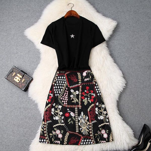 

summer runway designer vintage two piece set women black a-line mesh floral embroidery skirt 2 piece outfits for women, White