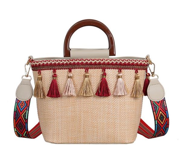 

2020 нового прибытия пляжа соломенной сумка этнического стиль ribbon кисточка пляжная сумка шитье контраст цвет женский мешок
