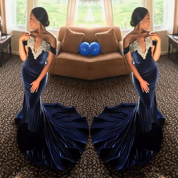 

velvet african formal dresses evening wear deep v neck off shoulder mermaid prom dress appliques beads holiday party dress vestidos festa, Black;red