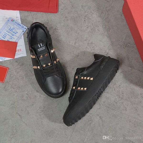 

women rockstuds leather suede lace rockrunner shoes men camouflage studded shoes genuine leather sneaker yl18060908, Black