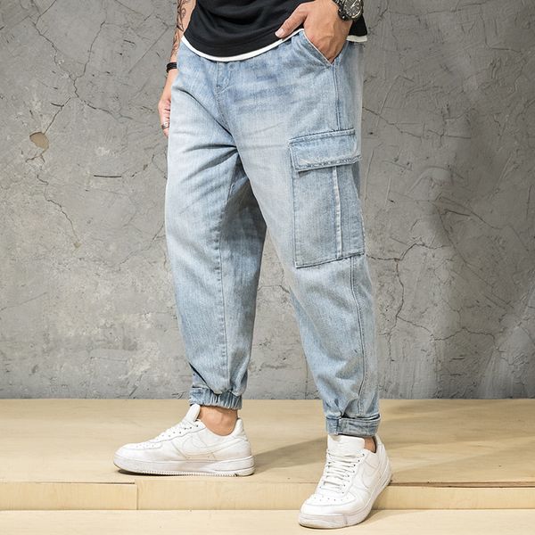 

fashion big size pockets jeans men blue embroidery loose jean cowboys streetwear man black denim with elastic leg opening psmj32