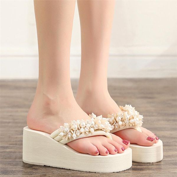 

large size summer shoes women girls floral wedges bohemian style flip flop sandals slippers non-slip beach shoe 25, Black