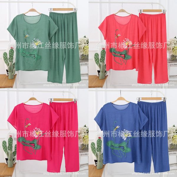 

bk7js women's cotton linen thin short-sleeved capri pants two-piece cotton and linen pajamas pajamas suit comfortable middle-aged and e, Blue;red