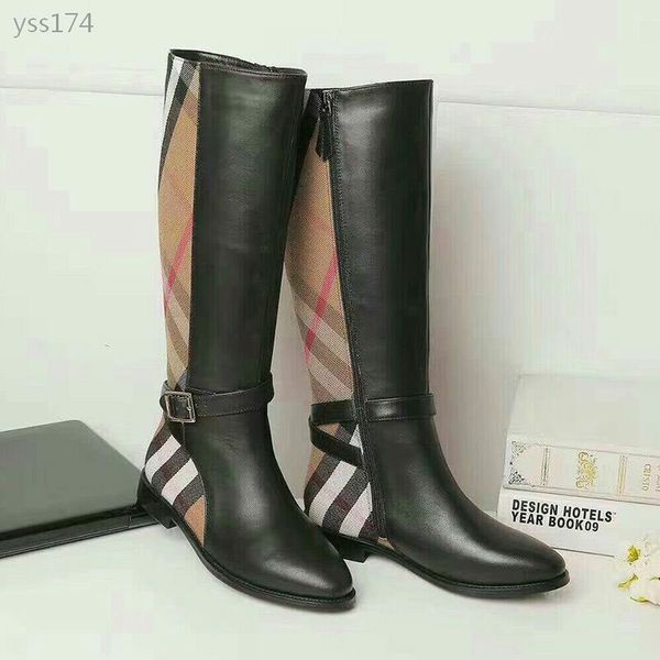 

new autumn and winter plaid boots women's leather thick heelplus velvet europe and the united states but knee-length long boots, Black