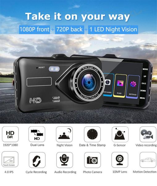 

dash cam dual lens mini car dvr full hd 1080p 4" touch screen ips with backup rear camera registrator night vision video recorde