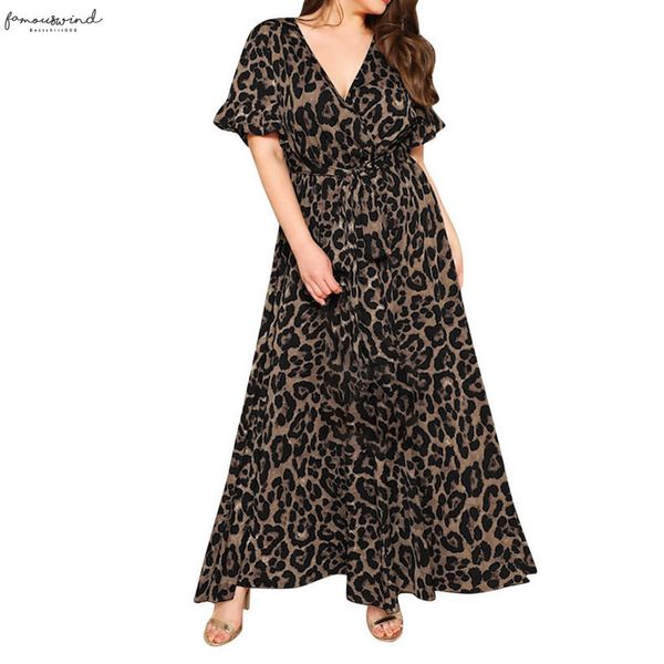 

plus size dresses for women 4xl shirt dresses 5xl long vintage leopard print v neck casual loose short sleeve bandage maxi, Black;gray