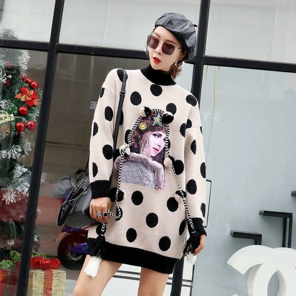 

2019 fashion the new loose long section wave point tassel sequin slim knitting sweater ing, White;black