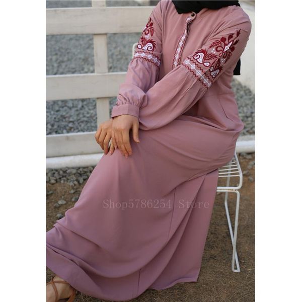 

new fashion muslim traditional abaya dress women mujer chiffon lace up dubai embroidery elegant islamic bubble sleeves long robe, Red