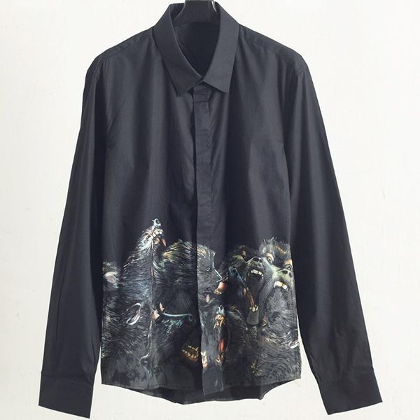 

fashion mens stylist long sleeve shirts black dog head print spring autumn shirts solid color men shirts t shirt, White;black