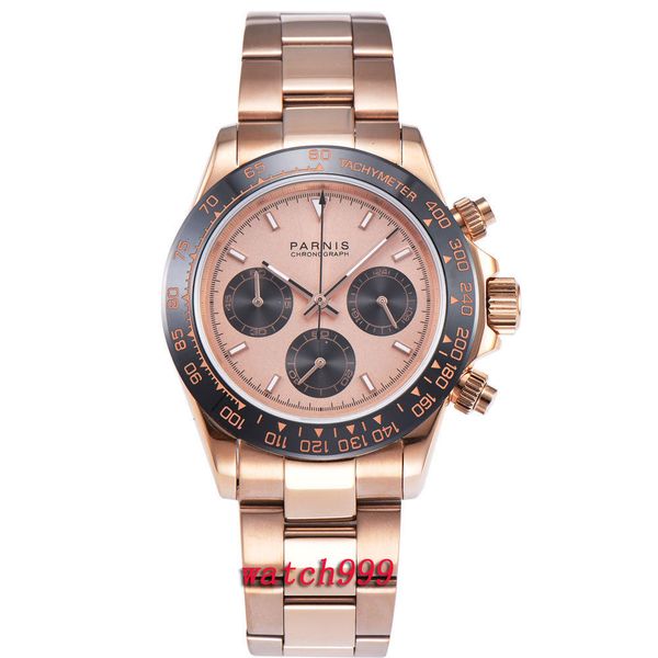 

39mm rose gold case watch men clock steel bracelet luminous sapphire crystal full chronograph quartz mens watch, Slivery;brown