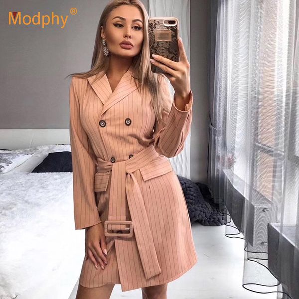 

2019 new women's slim striped trench coat gray v-neck double-breasted belt long women's out wear club party coats vestidos, Tan;black