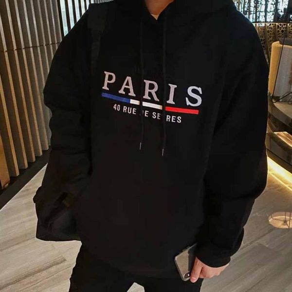 

19fw paris flag loose hooded sweater embroidery plus velvet cotton hoodies couple women and mens designer sweatshirt hfxhwy065, Black