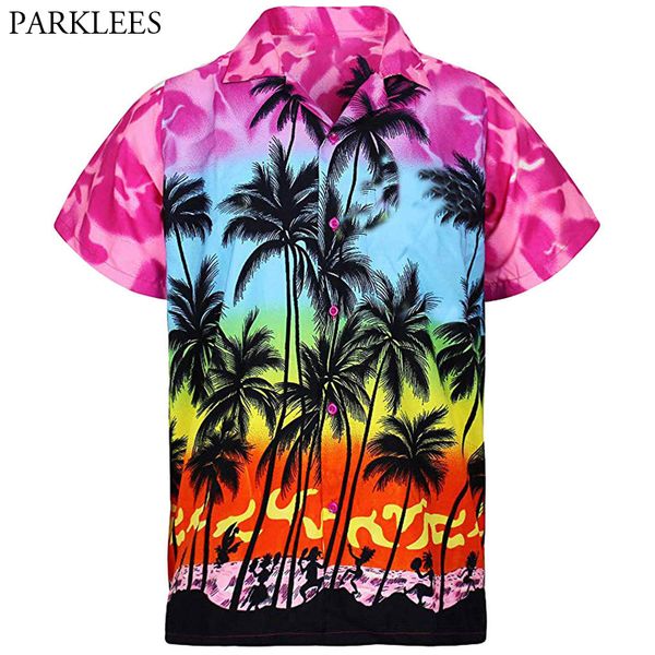 

palm tree printed мужские гавайские рубашки с коротким рукавом повседневная лето мужчины тропических aloha рубашки партии пляжная одежда оде, White;black