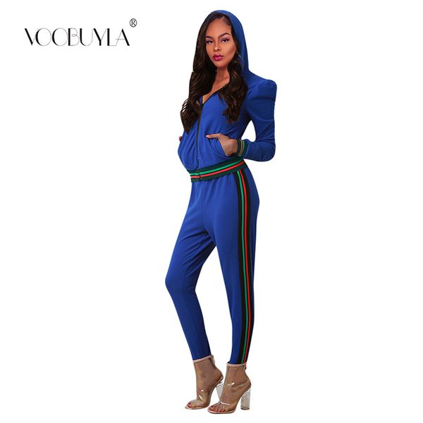 

voobuyla women tracksuit sportswear sweatshirt set running gym sports suits long sleeve jogging femme stripe solid set plus size, Black;blue