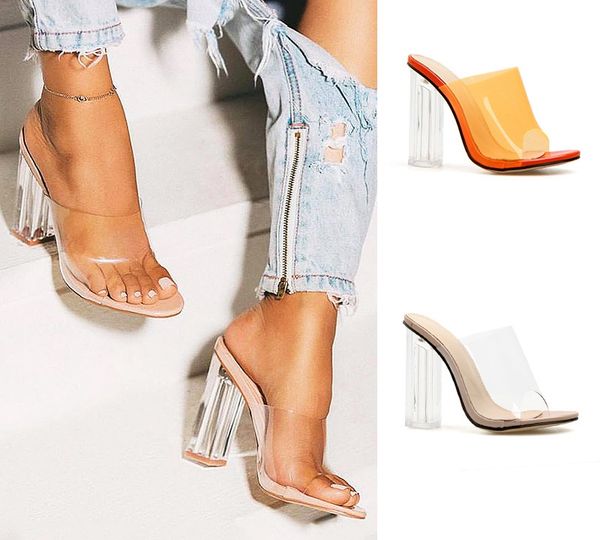 

summer transparent pvc women sandals open toe clearcrystal high heels slip on sandals dress ladies shoe slippers apricot orange, Black