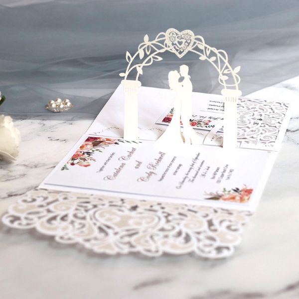 

50 pieces/lot) 3d bride and groom white wedding invitation card laser cut pocket floral engagement customized invitations ic052
