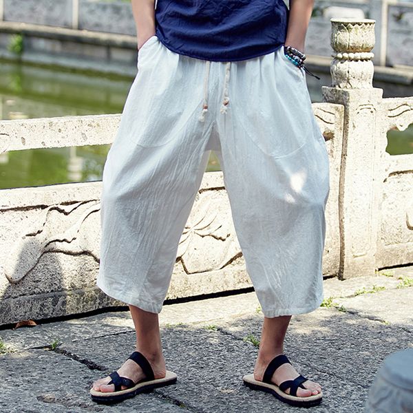 

man cotton linen cropped cross pants summer male casual wide-legged bloomers waist rope straight calf-length trousers, Black