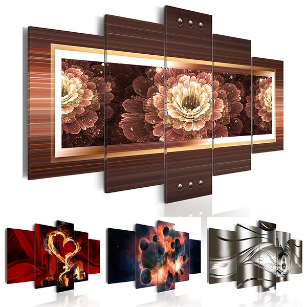 

5pcs/set flower burning heart space planet abstract metal wave art print frameless canvas painting wall picture home decoration no frame