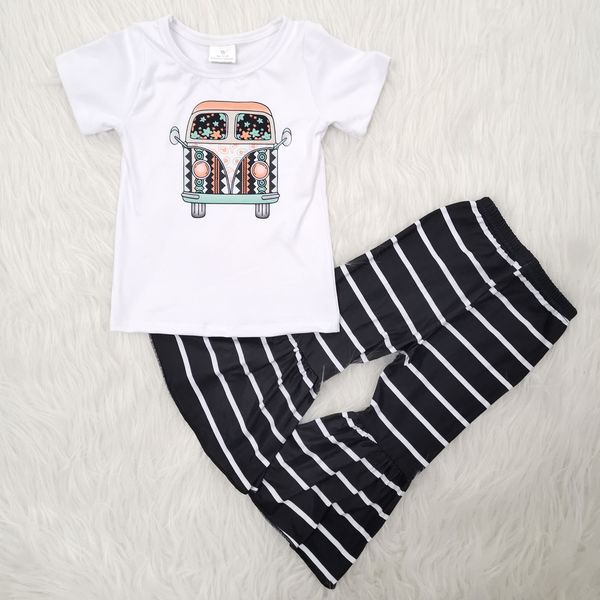 

high-end car printing children's clothing girl set summer short-sleeved boutique personality fashion set, White