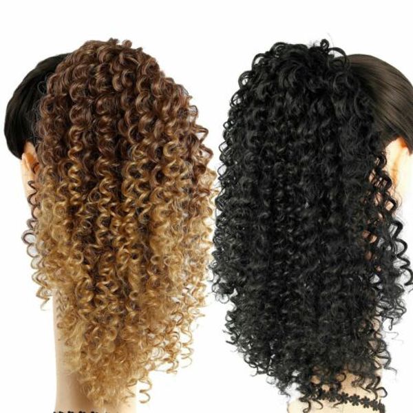 

afro kinky curly ponytail ombre blonde 30/27 human drawstring short hair pony tail hair piece bun extensions, Black
