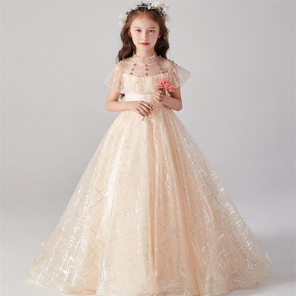 

high-grade children girls elegant beading design model show performance long tail dress kid infants evening party princess dress, Red;yellow