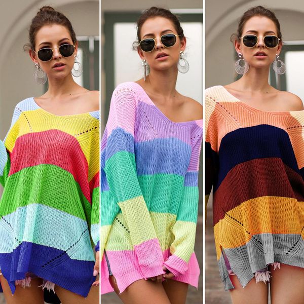 

yiwa women long sleeve v-neck rainbow stitching sweaters casual pullover for autumn winter, White;black