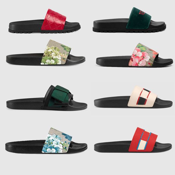 

designer rubber slides slippers women sandal floral brocade men slipper gear bottoms flip flops women striped beach causal slipper with box, Black
