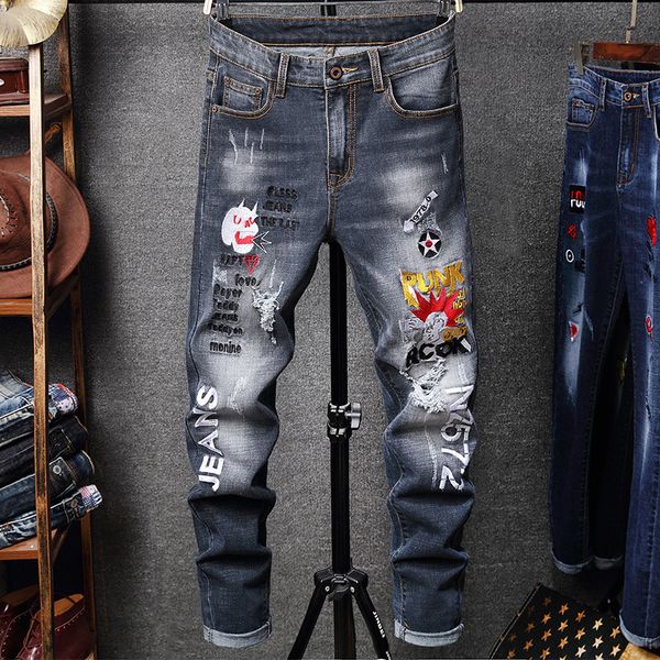 

new mens designer pants new style casual skinny sweatpants mens designer ripped jeans mid-waistline pants brand mens jeans collage design, Blue