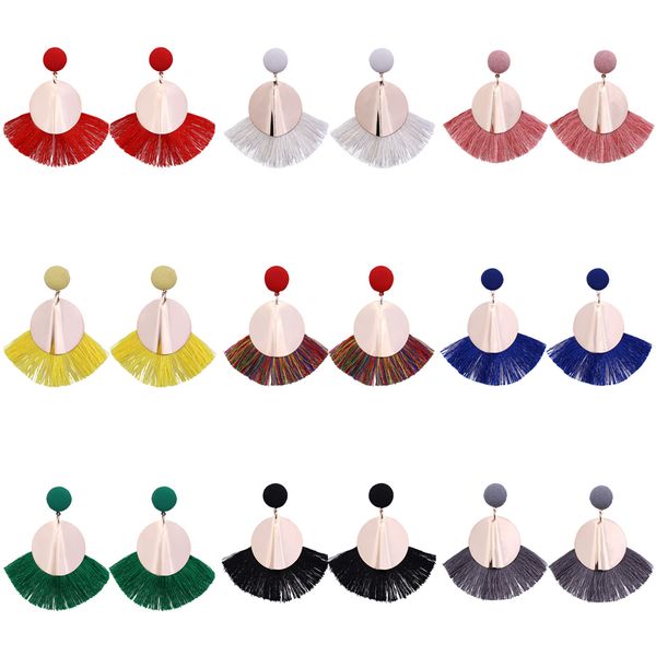 

bohemia national tassel geometric drop charm pendant earrings dangle fan-shaped fringe eardrop metal circle women ear stud statement jewelry, Silver