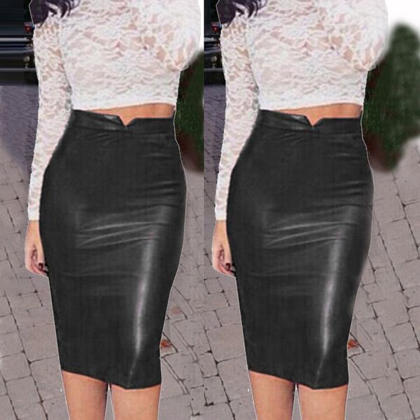 

2019 women high waist slim party pencil skirt leather skirt, Black