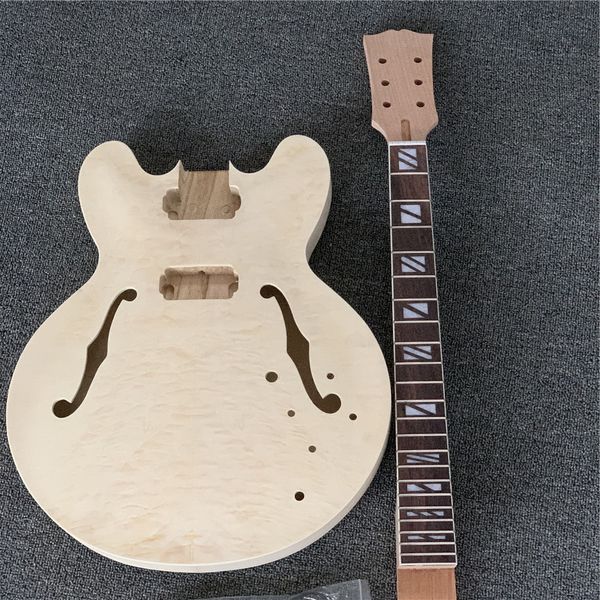 

diy guitar, flamed maple unfinished jazz electric guitar kit with f holes, semi hollow body, without guitar parts electric guitars