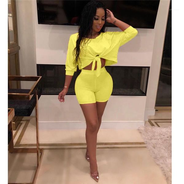 

designer crew neck women 2pcs shorts suits bare midriff with bow women necessary summer tracksuits, Gray