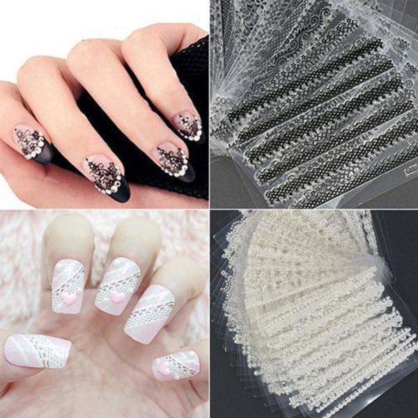 

3d nail art sticker 30 sheets lace decal diy strip wave pink white flower nail makeup art stickers wraps manicure, Black