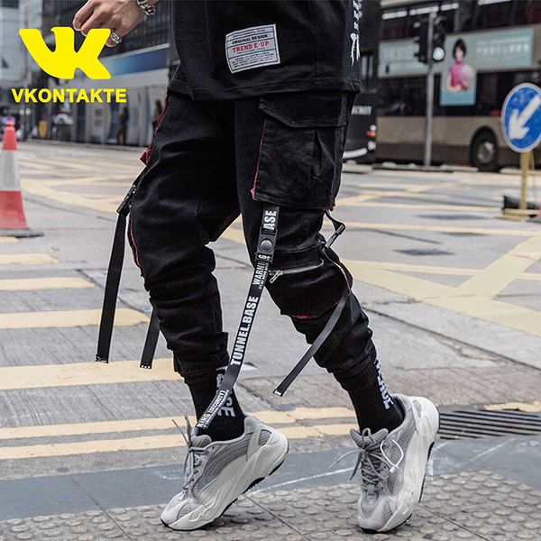 

men hip hop big pocket ribbon workwear trousers fashion brand harajuku harem pants streetwear cargo tactical pants, Black