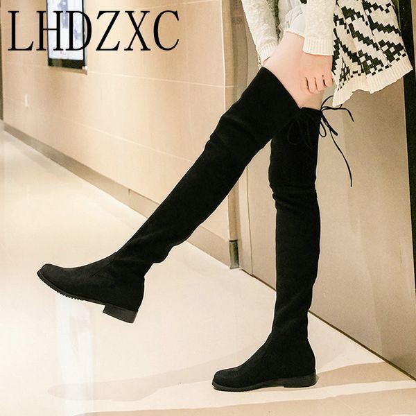 

ldhzxc women winter boots fashion all match elastic over the knee high shoes square mid heel women boots size 34-43, Black