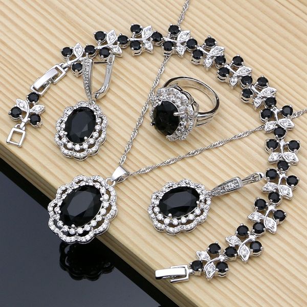 

women silver 925 costume jewelry sets natural black stones earrings fashion jewelry gift for her party bracelet necklace sets, Slivery;golden
