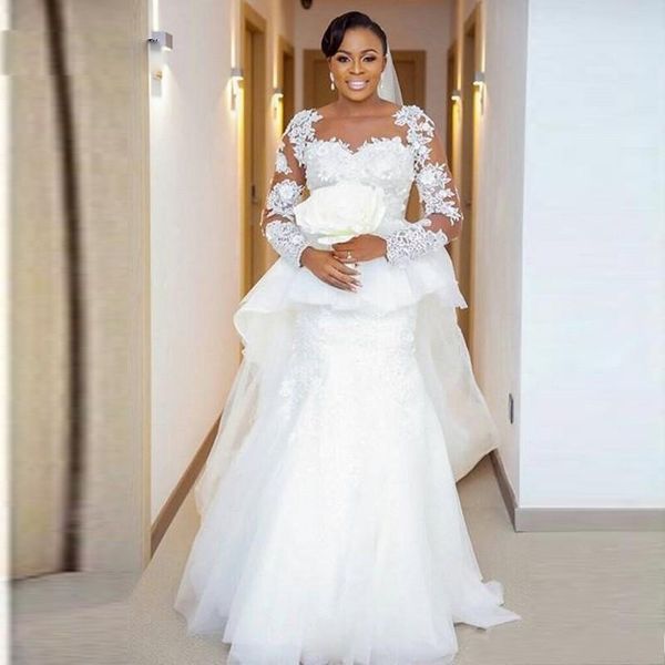 

Plus Size Wedding Dresses Sheer Neck Lace Appliques Mermaid Wedding Gowns Peplum Tulle Dubai Bridal Dress Vestidos