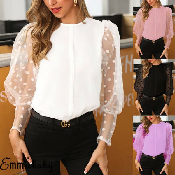 

women fashion sheer long sleeve office ladies chiffon blouses shirt, White