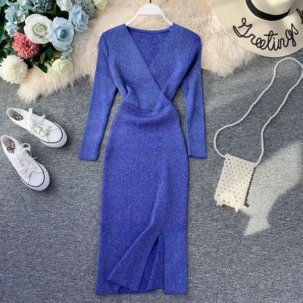

elegant split women knitted dress fall winter v neck pencil dresses knitted sweater bodycon dress, Black;gray