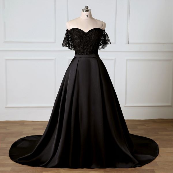 

real p black evening prom dress off the shoulder with sleeves lace ruched satin long red carpet celebrity dress, Black;red