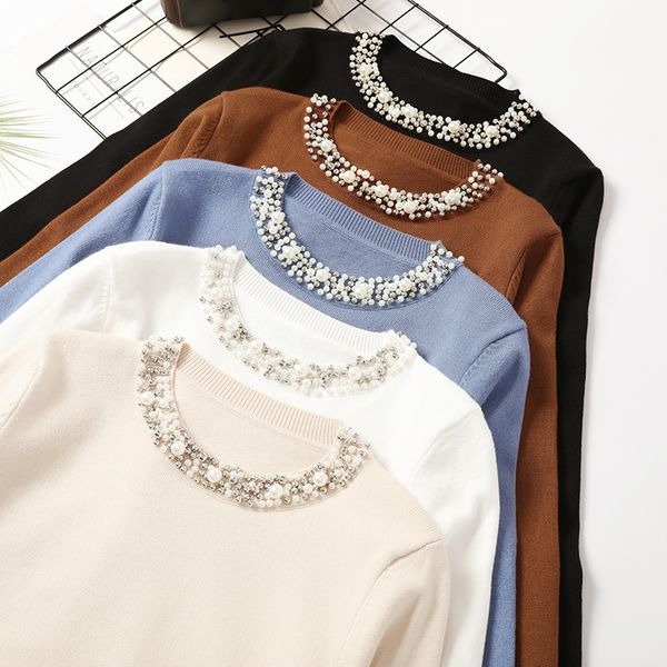 

autumn winter women beaded sweater 2019 o-neck elegant sweater jumper loose casual warm femme knitting bottom shirt, White;black
