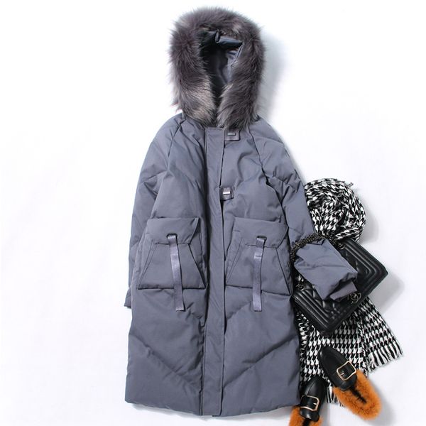 

feather cotton suit winter new cotton pocket with a single cap buckle removable large wool collar suit woman, Black