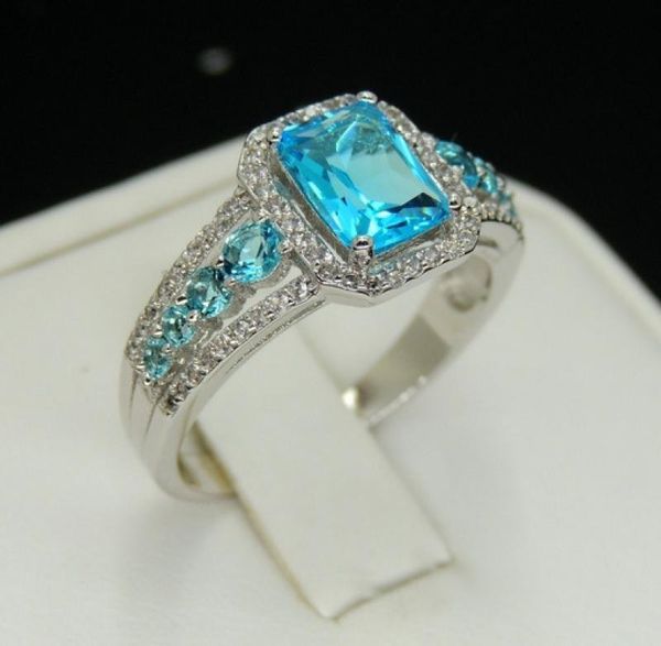 

classic square light blue zircon finger ring engagement wedding rings bagues pour femme rings for women anillos mujer, Slivery;golden