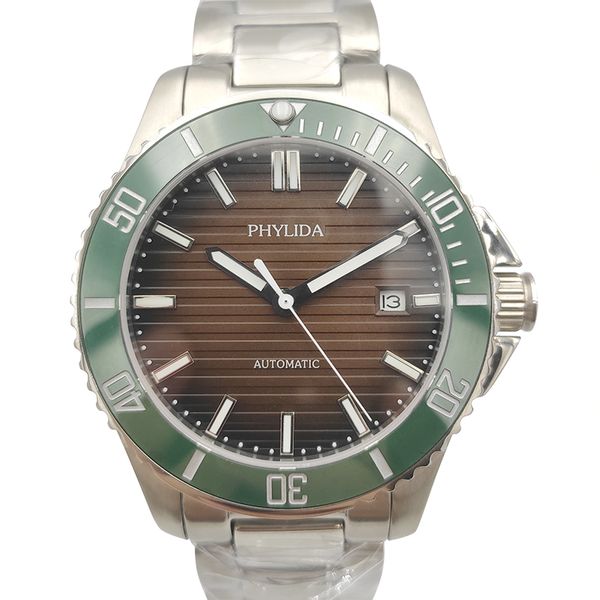 

40mm men's watch brown dial with date automatic movement sport wristwatch sapphire crystal green ceramic bezel insert, Slivery;brown