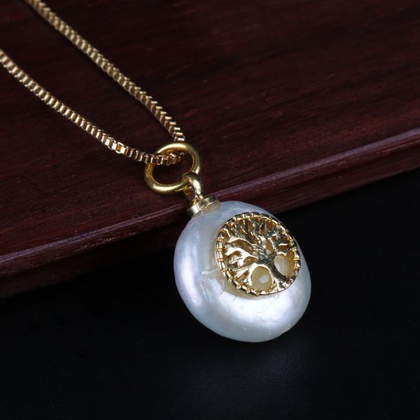 

tiny tree of life charm natural coin freshwater pearl bead gold chain pendant choker necklace for women wedding birthday gift, Golden;silver