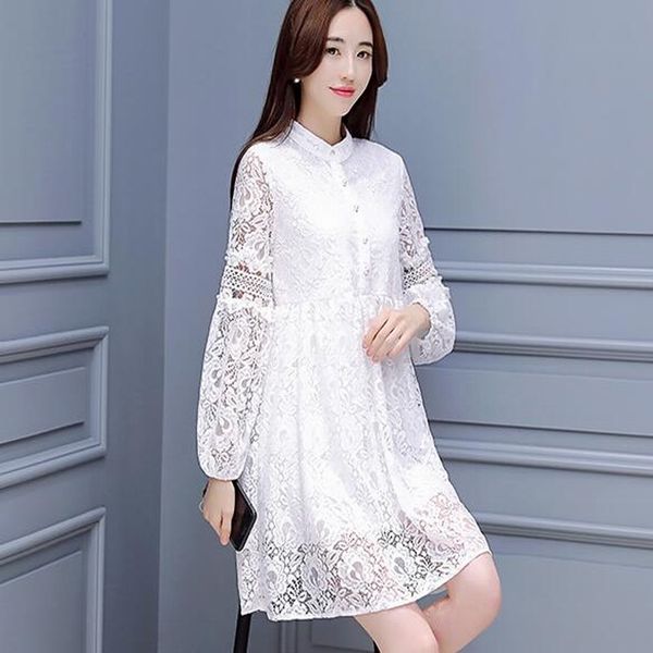 

korean lace dress 2017 new spring women elegant vintage floral hollow crochet runway long sleeve stand collar tunic shirt dress, Black;gray
